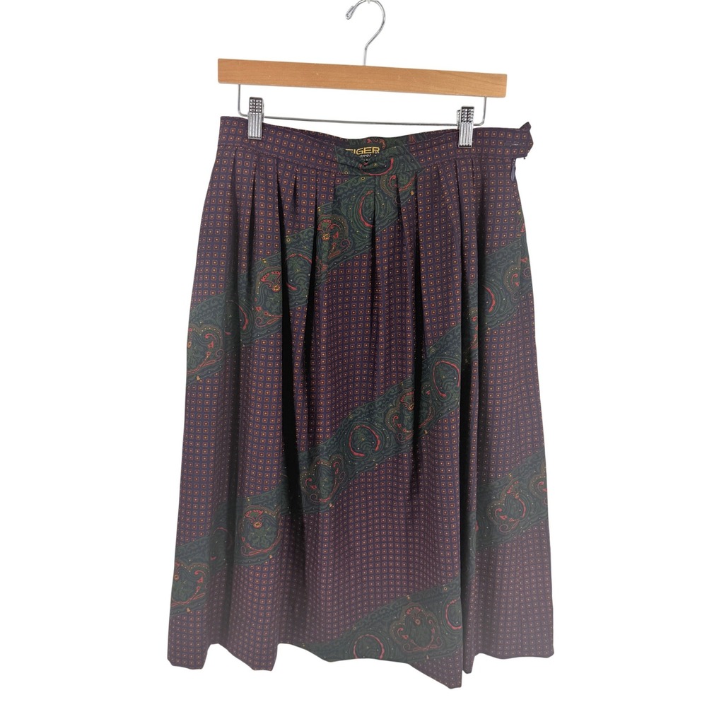 Geiger Tyrol Midi Skirt Purple Paisley Size 44 Vintage Austrian Wool Pleated